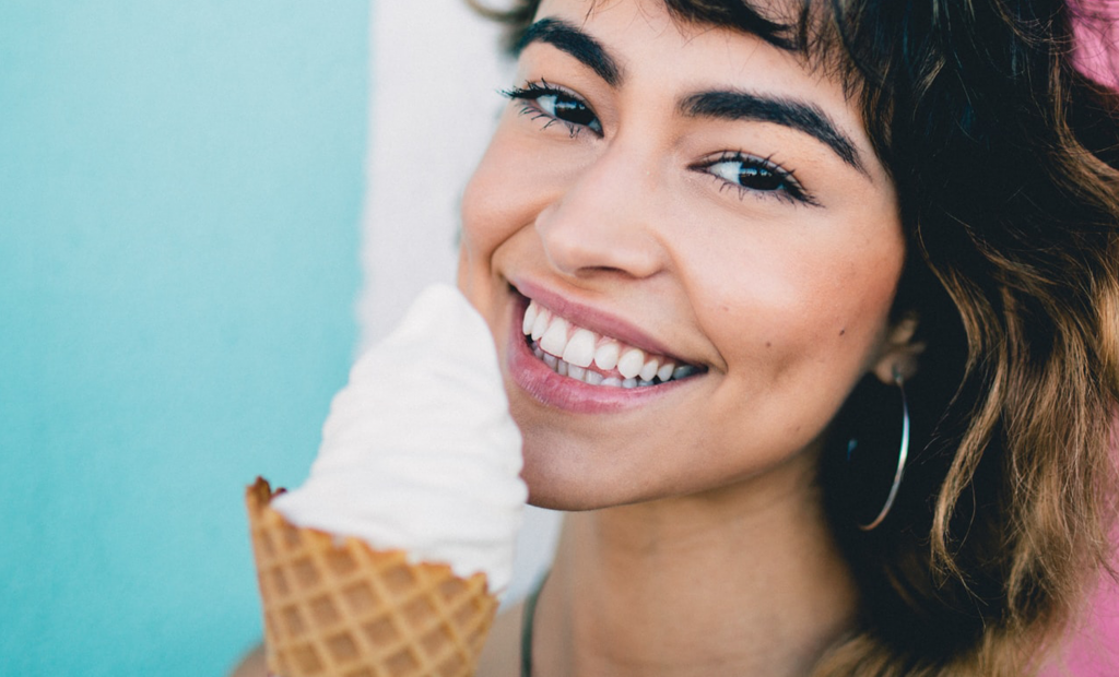 happy woman with ice cream